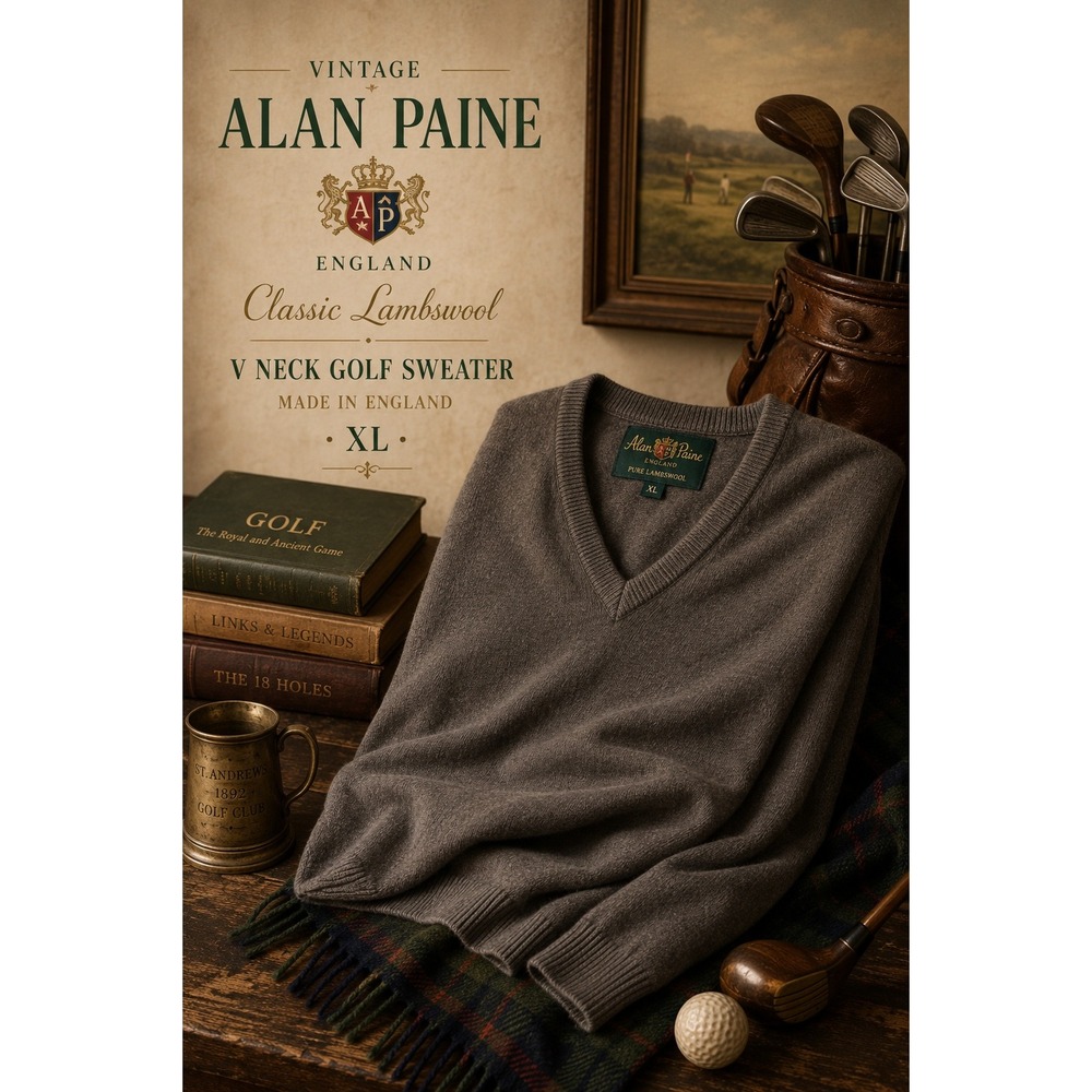 Vintage Alan Paine Classic Lambswool V Neck Golf‎ Sweater Made In England XL
